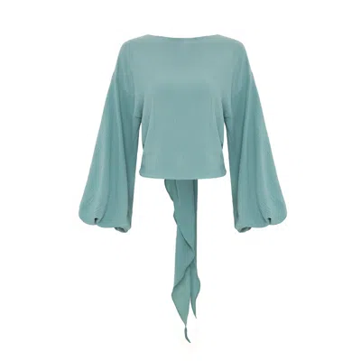 Azzalia Women's Green Long And Puffy Sleeves Top With Low Bow In Jade