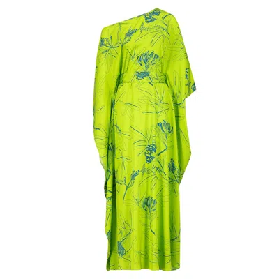 Azzalia Women's Green Pure Silk Off Shoulder Kaftan With Semi Concealed Belt In Lime Punch