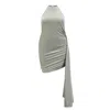 Azzalia Women's High Neck And Low Back Side Draped Velvet Dress In Gray
