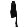 Azzalia Women's High Neck And Low Back Side Draped Velvet Dress In Black With Mini Gold Studs In Black