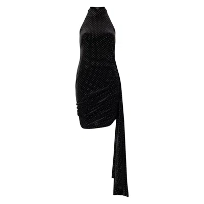 Azzalia Women's High Neck And Low Back Side Draped Velvet Dress In Black With Mini Gold Studs
