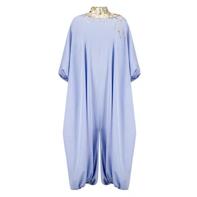 Azzalia Women's High Neck Jumpsuit With Three-d Metallic Embroidered On The Neck With Puffed Sleeves- Hydran In Blue