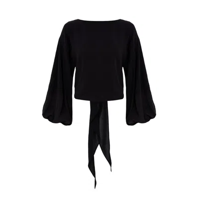 Azzalia Women's Long And Puffy Sleeves Top With Low Bow In Black