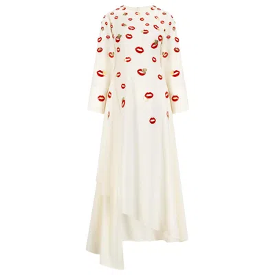 Azzalia Women's Long Sleeve Crepe Flowy Maxi Dress With Scattered Embroidery In Lips And Heart Motifs-star W In White