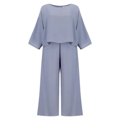 Azzalia Women's Long Sleeves Loose Top In Textured Crepe Paired With Straight Loose Pants In Blue