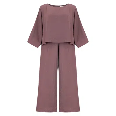 Azzalia Women's Long Sleeves Loose Top In Textured Crepe Paired With Straight Loose Pants In Nostalgia Rose In Purple