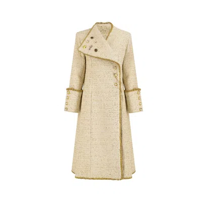 Azzalia Women's Long Tweed With Metallic Threads Coat With Gold Trimmings And Collar With Multiple Broches-s In Yellow