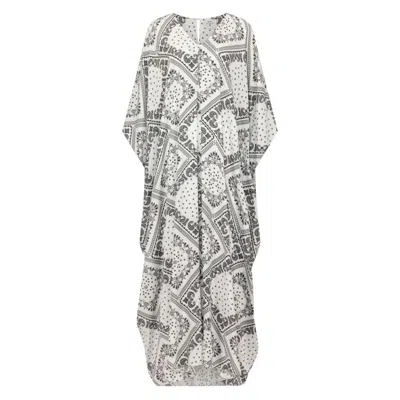 Azzalia Women's Mariposa Cut Kaftan With Center Fold In White Printed Paisley Rayon In Gray