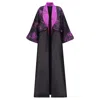 Azzalia Women's Mikado Abaya With Curved Lapel And Printed Jacquard Overlapping Panels - Black In Black