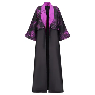 Azzalia Women's Mikado Abaya With Curved Lapel And Printed Jacquard Overlapping Panels - Black
