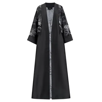 Azzalia Women's Mikado Abaya With Rolled-up Sleeves And Jacquard Printed Fine Line Pocket- Black