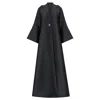 Azzalia Women's Mikado Abaya With Slitted Sleeve Secured By Gold And Black Floral Button In Black