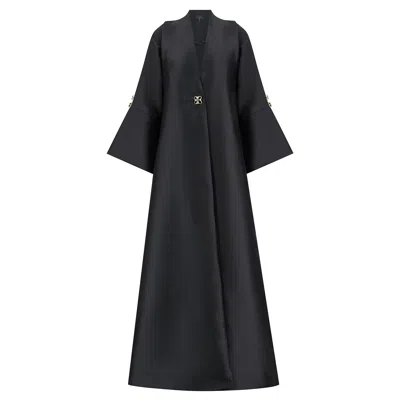 Azzalia Women's Mikado Abaya With Slitted Sleeve Secured By Gold And Black Floral Button