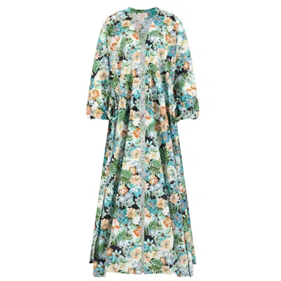 Azzalia Women's Multi Fleuri  Abaya With Side Knot- Multicolour In Blue