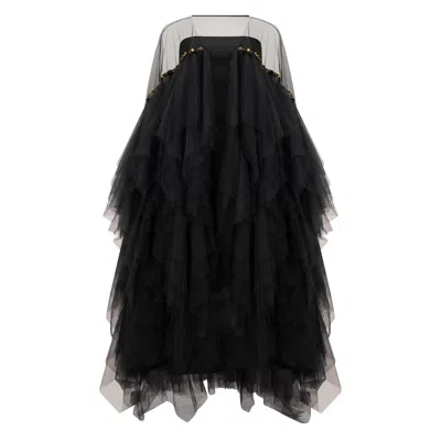 Azzalia Women's Multi Layered Tulle Evening Abaya With Metal Embroidery Around Shoulder In Black