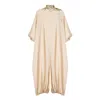 Azzalia Women's Neutrals High Neck  Jumpsuit With Three-d Metallic Embroidered On The Neck With Puffed Sleev In Brown