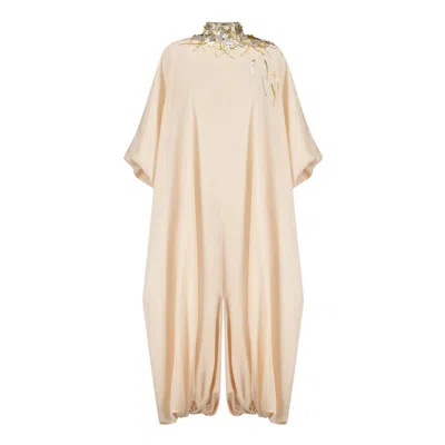Azzalia Women's Neutrals High Neck  Jumpsuit With Three-d Metallic Embroidered On The Neck With Puffed Sleev In Brown