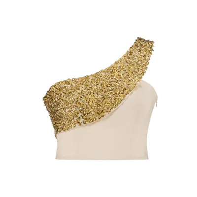 Azzalia Women's One Shoulder Paisley Top Shaped With Metal Embellishment And Crystals In Beige