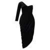 Azzalia Women's One Shoulder Velvet Draped Dress With Side Slit - Black & Gold Studs In Black/yellow