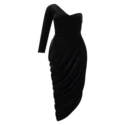 Azzalia Women's One Shoulder Velvet Draped Dress With Side Slit - Black & Gold Studs In Black/yellow