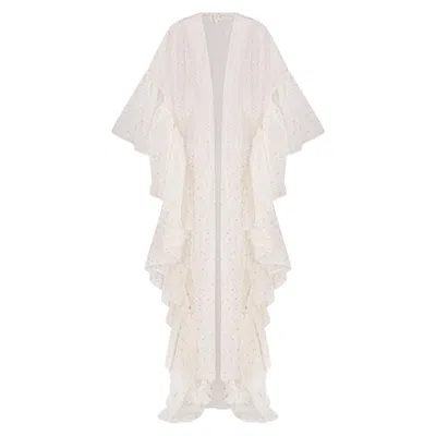 Azzalia Women's Organza Abaya With Gathered Frills On Side With Heart Shaped Metallic Threads On Fabric-star In White