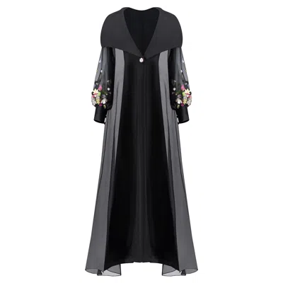 Azzalia Women's Organza Abaya With Three-d Floral Metallic Embroidery And Puff Sleeve-black