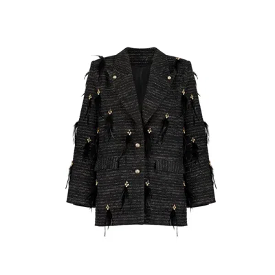 Azzalia Women's Oversized Blazer With Embellished Crystal And Feather-black