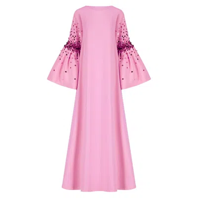 Azzalia Women's Pink / Purple Crepe Kaftan With Puffed Sleeve And Scattered Embroidery-pink Panther In Pink/purple