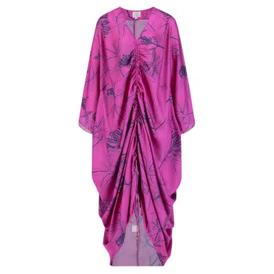 Azzalia Women's Pink / Purple Floral Print Mariposa Cut Kaftan In Pure Silk With Centeral Gathering Super Pi In Pink/purple