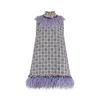 Azzalia Women's Pink / Purple High Neck Multicolor Tweed Short Dress Embellished With Feather And Crystals-l In Pink/purple