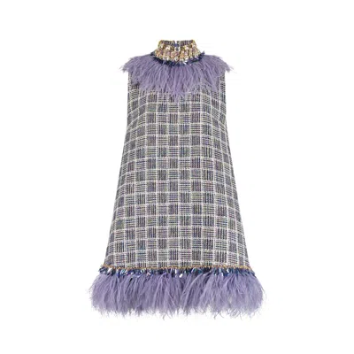 Azzalia Women's Pink / Purple High Neck Multicolor Tweed Short Dress Embellished With Feather And Crystals-l In Pink/purple