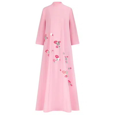 Azzalia Women's Pink / Purple Long Sleeve Crepe Dress With Threed Embroidery With High Collar Neck Closed Wi In Pink/purple