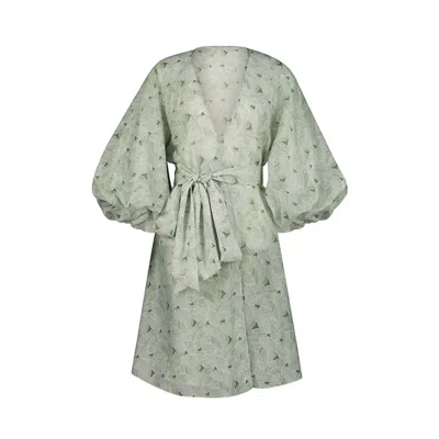 Azzalia Women's Printed Leaves Voile Beach Cover-up With Puff Sleeves In Green