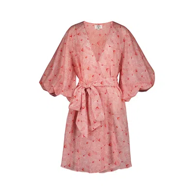 Azzalia Women's Printed Leaves Voile Beach Cover-up With Puff Sleeves In Red