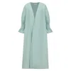 Azzalia Women's Pure Linen Abaya In Classic Cut With Flared Sleeves With Fitted Stitches Cuff In Hint Of Min In Green