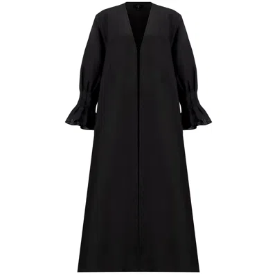 Azzalia Women's Pure Linen Abaya In Classic Cut With Flared Sleeves With Fitted Stitches Cuff In Jet Black C
