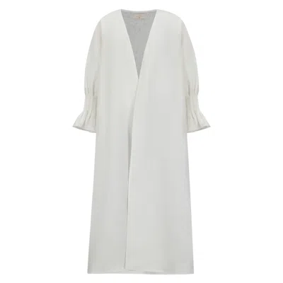 Azzalia Women's Pure Linen Abaya In Classic Cut With Flared Sleeves With Fitted Stitches Cuff In Marshmellow In White