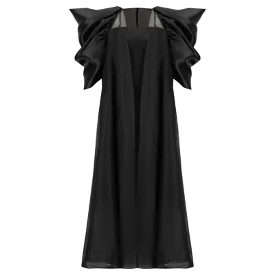 Azzalia Women's Pure Organza Abaya With Princess Cut With Exaggerated Puffed Gathered Sleeves In Black