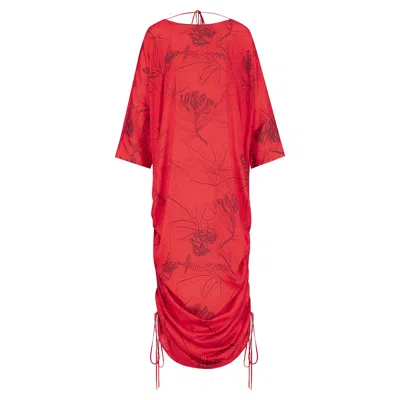 Azzalia Women's Pure Silk Kaftan With String Gathering On The Side Secured With Golden Metal Balls -cherry R In Red