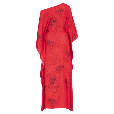 Azzalia Women's Pure Silk Off Shoulder Kaftan With Semi Concealed Belt- Red