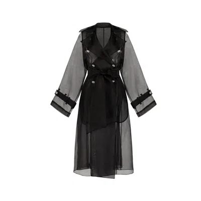 Azzalia Women's Pure Silk Organza Trench Coat With Crystal Buttons-black