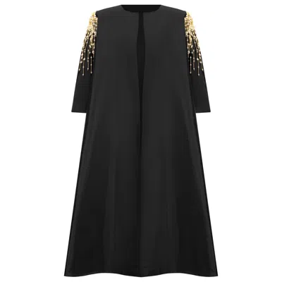 Azzalia Women's Raw Silk Abaya With Fully Dangling Embroidery On Shoulder In Black