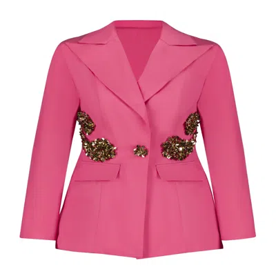 Azzalia Women's Raw Silk Blazer With Paisley Shaped Embroidery Around The Waist In Pink