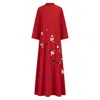 Azzalia Women's Red Long Sleeve Crepe Dress With 3d Embroidery With High Collar Neck Closed With A Bow-tomat In Red