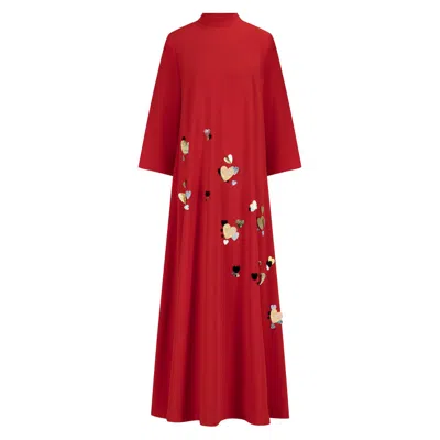 Azzalia Women's Red Long Sleeve Crepe Dress With 3d Embroidery With High Collar Neck Closed With A Bow-tomat