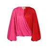 Azzalia Women's Red Two-toned Silk Top With Puffed Sleeves In Red