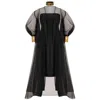 Azzalia Women's Silk Organza Abaya In Princess Cut With Puffed Sleeves And A Fully Embroidered Cuff With Met In Yellow
