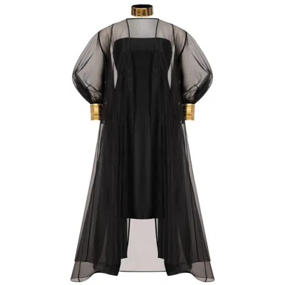 Azzalia Women's Silk Organza Abaya In Princess Cut With Puffed Sleeves And A Fully Embroidered Cuff With Met In Yellow