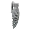 Azzalia Women's Silver One Shoulder Velvet Draped Dress With Side Slit In Silver