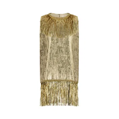 Azzalia Women's Sleeveless Hand Weaved With Metallic Strips Cream Based Dress With Tussles Around Neckline A In Gold